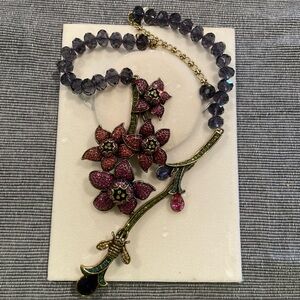 Heidi Daus Floral necklace Rose, Purple, Green Crystals signed